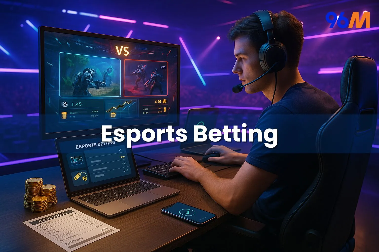 Young man placing esports bets online in a neon-lit gaming arena, featuring live odds and esports betting dashboard in Singapore on 96M platform