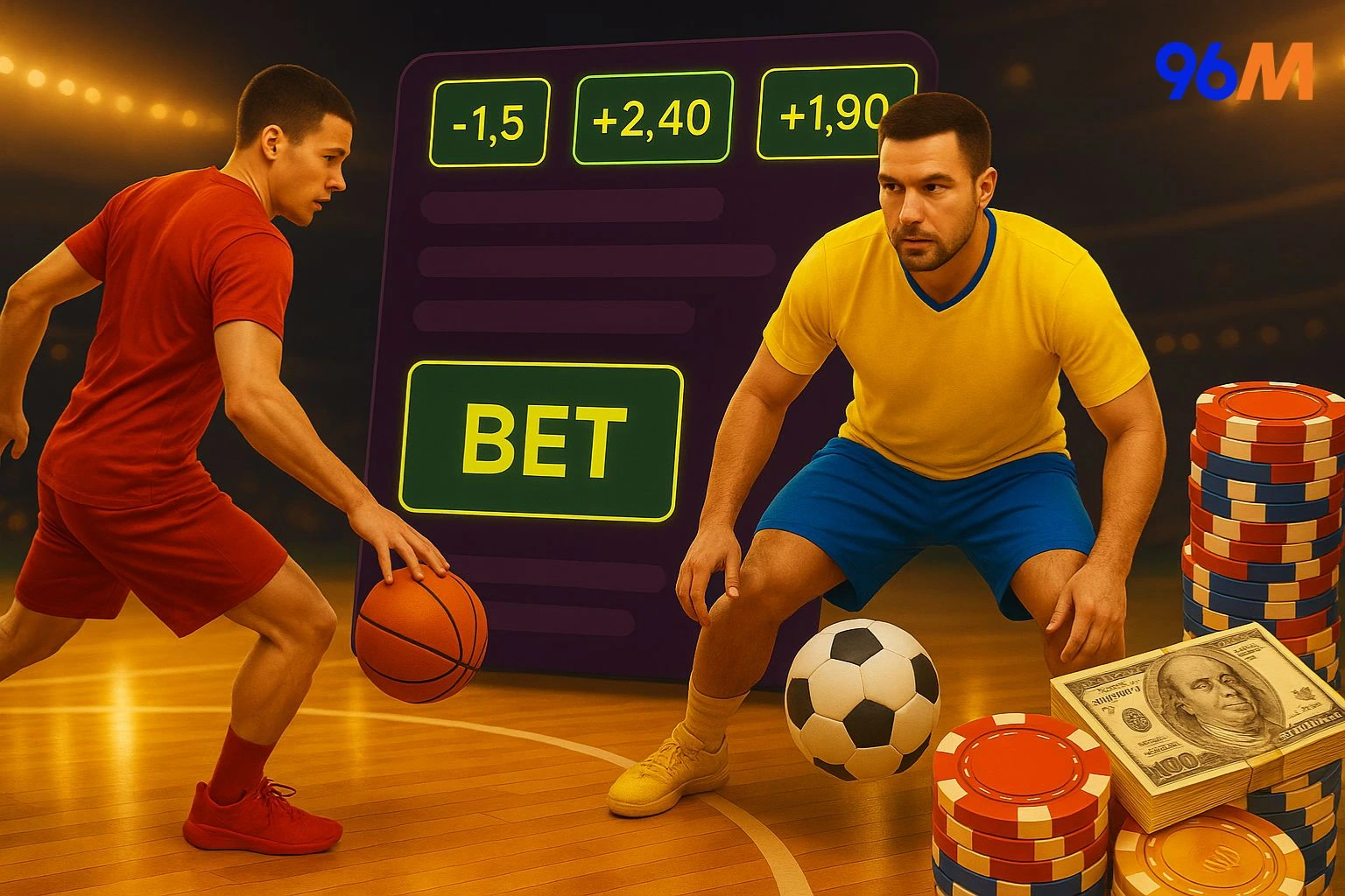 Betting odds interface with players and chips, representing 96M sportsbook.