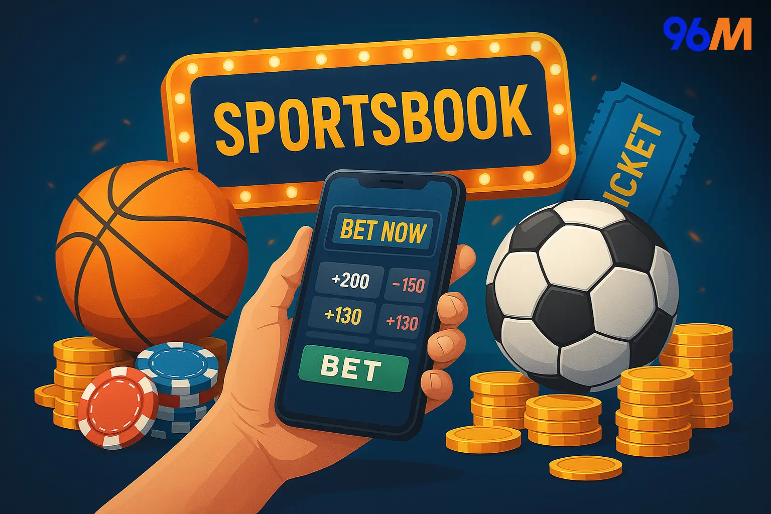 Illustration of 96M sportsbook with a mobile betting interface, football, basketball, poker chips, coins, and a glowing “SPORTSBOOK” sign in the background