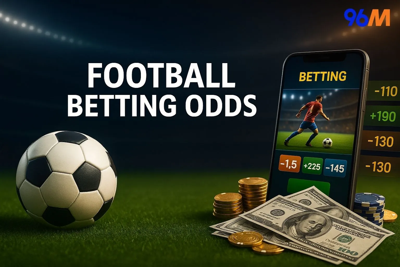 Football betting interface on a smartphone with odds display, cash, coins, poker chips, and a soccer ball on a stadium field background