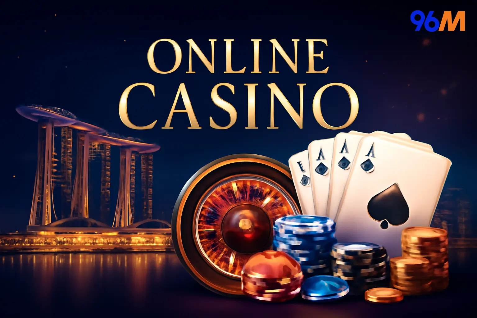 Online Casino advertisement with a roulette wheel, playing cards, poker chips, and the iconic Marina Bay Sands skyline in Singapore. The design features a luxury casino theme with vibrant colors and emphasis on high-stakes gaming