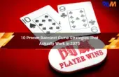 Close-up of baccarat game with 10 of Spades and 9 of Clubs cards, and a 'PLAYER WINS' chip on a red felt table. The image features a banner that highlights '10 Proven Baccarat Game Strategies That Actually Work in 2025,' with a logo of '96M' in the top-right corner