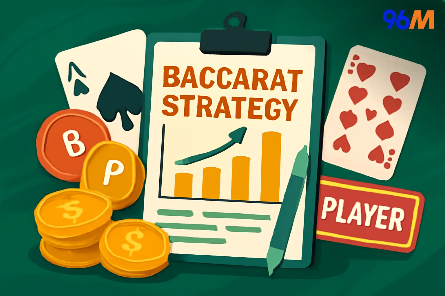 An illustration of a Baccarat strategy, featuring playing cards, chips with 'B' and 'P' labels, a clipboard with a graph showing an upward trend, and a 'PLAYER' label. The background is green, and there are coins with dollar symbols visible