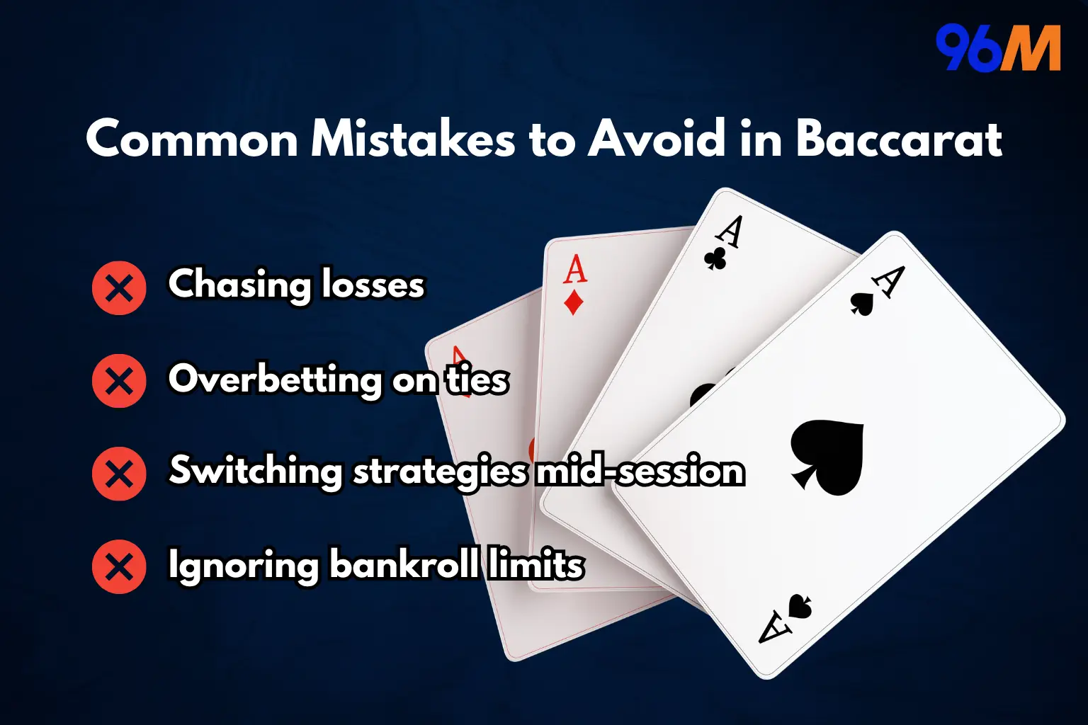 Common mistakes to avoid in Baccarat: chasing losses, overbetting on ties, switching strategies mid-session, and ignoring bankroll limits. Visual with playing cards and warning symbols