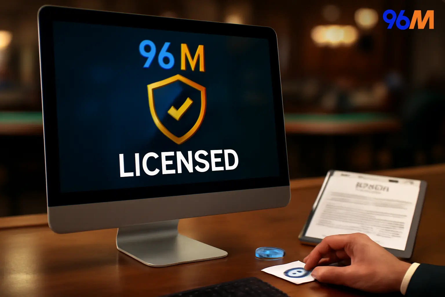 Computer screen displaying '96M LICENSED' with a shield and checkmark, symbolizing licensed operation. A person is placing a security token on a document, suggesting digital security and verification in a professional setting
