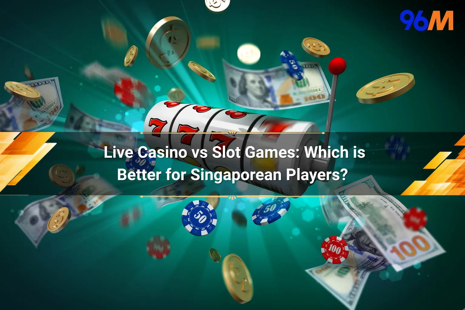 Slot machine with money, coins, and chips, showing live casino vs slot games for Singapore players