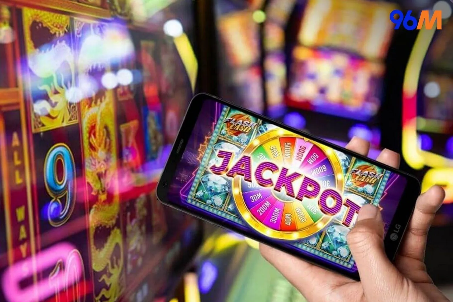 Online slot machine game on smartphone showing jackpot win, with colorful casino slot machines in the background – play mobile slots and win big jackpots