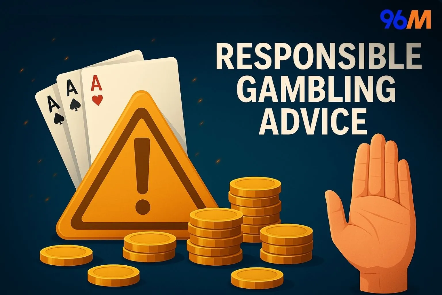 Responsible gambling advice illustration featuring warning sign, playing cards, coins, and raised hand symbolizing gambling limits and safe betting practices on 96M Casino
