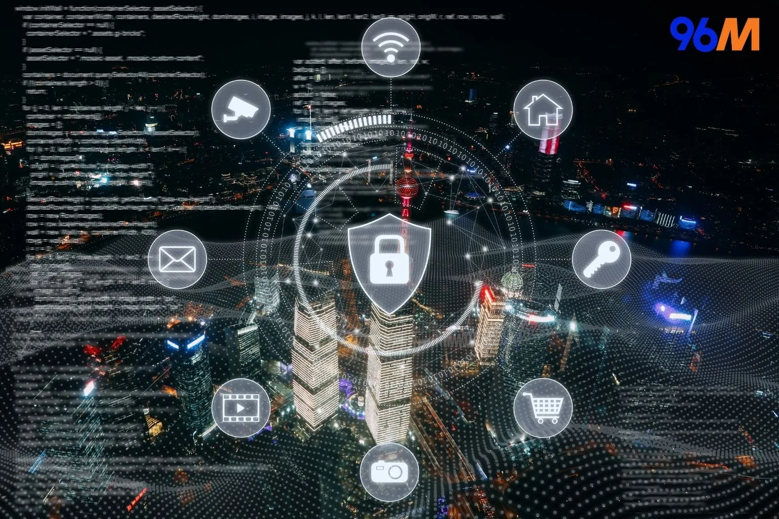 Digital cybersecurity icons over city skyline symbolizing online casino security, data protection, and regulatory compliance for licensed betting sites like 96M Casino