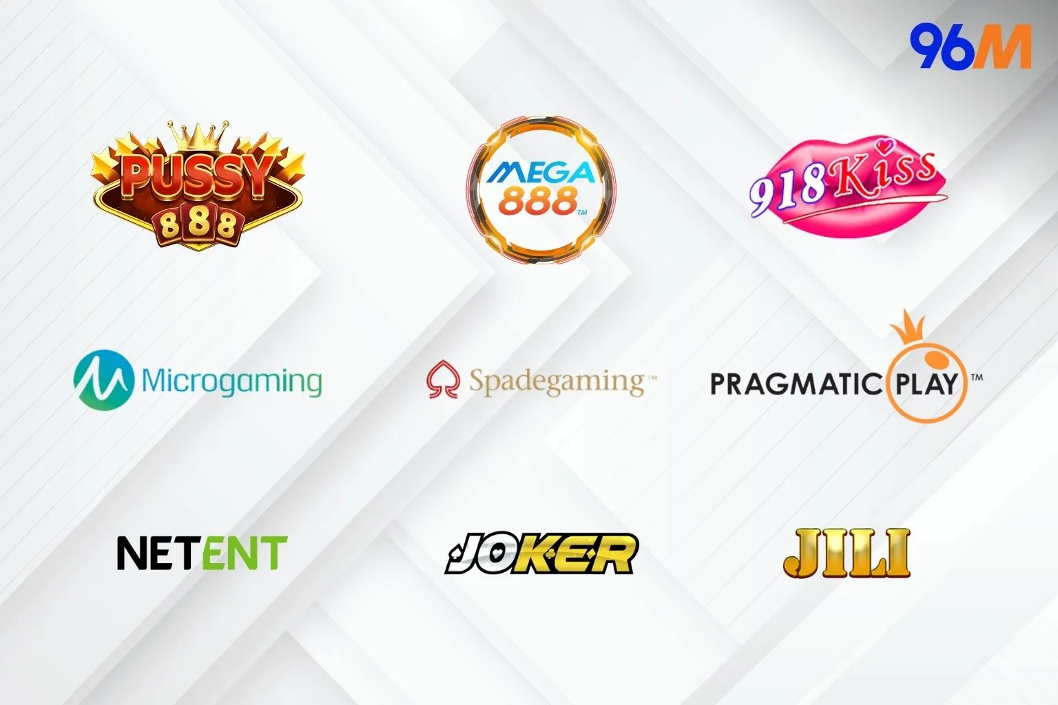 Logos of popular online slot game providers including Pussy888, Mega888, 918Kiss, Microgaming, Spadegaming, Pragmatic Play, NetEnt, Joker, and Jili featured on 96M Casino