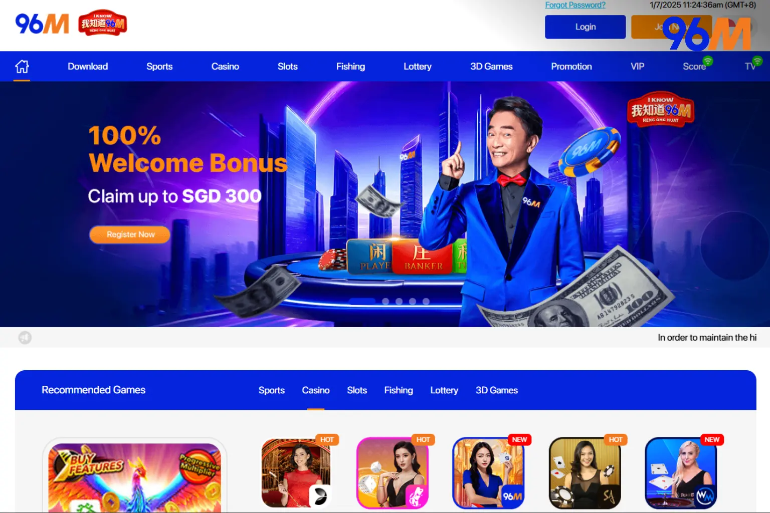 Homepage of 96M online casino website showing welcome bonus promotion up to SGD 300, with gaming categories like sports, casino, slots, lottery, and live dealer games, featuring promotional banners and recommended games