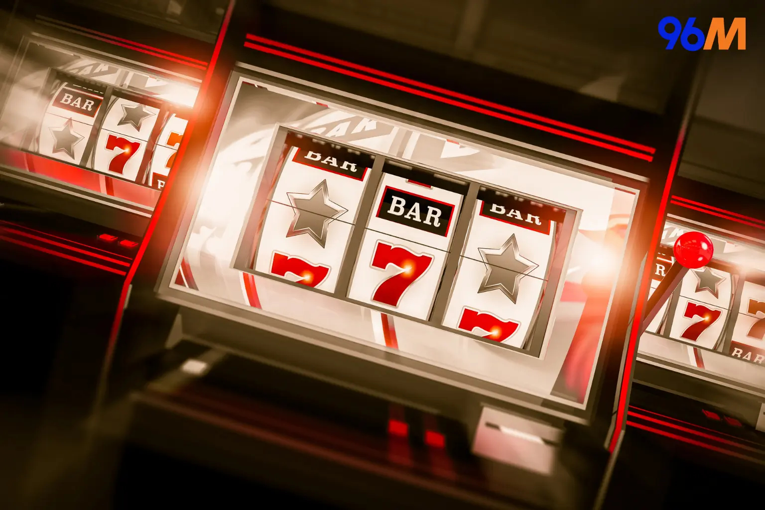 Slot machine reels showing red 7s, BAR symbols, and stars, casino gaming concept with 96M branding
