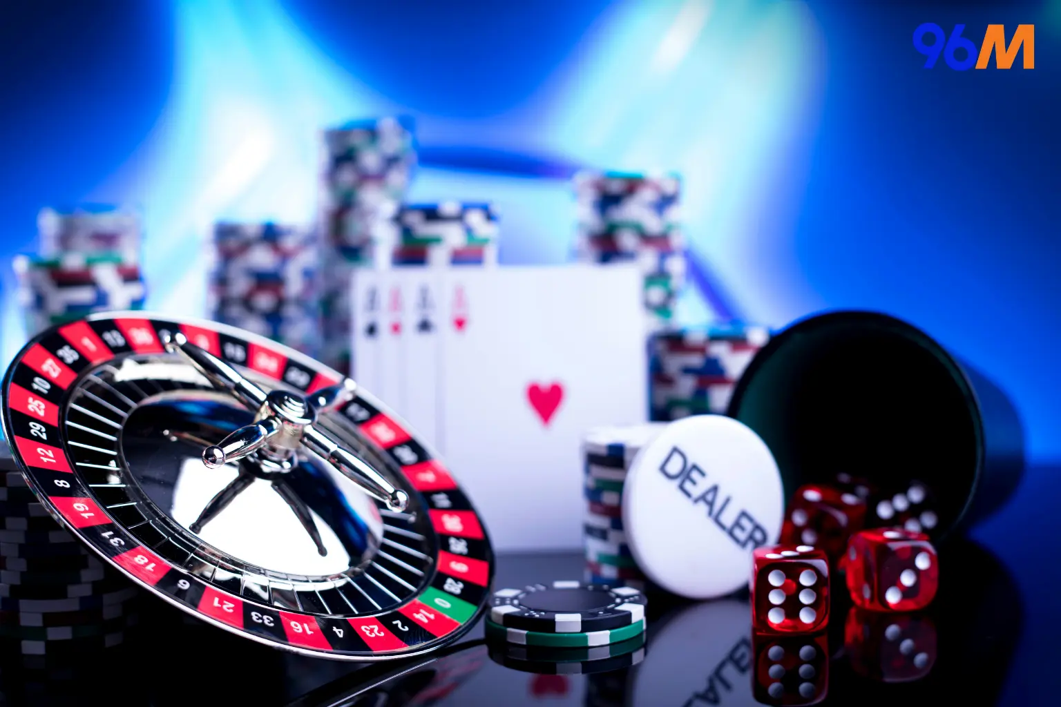 Live casino gaming scene with roulette wheel, poker chips, playing cards, dice, and dealer button, representing online live casino experience for Singapore players with 96M branding